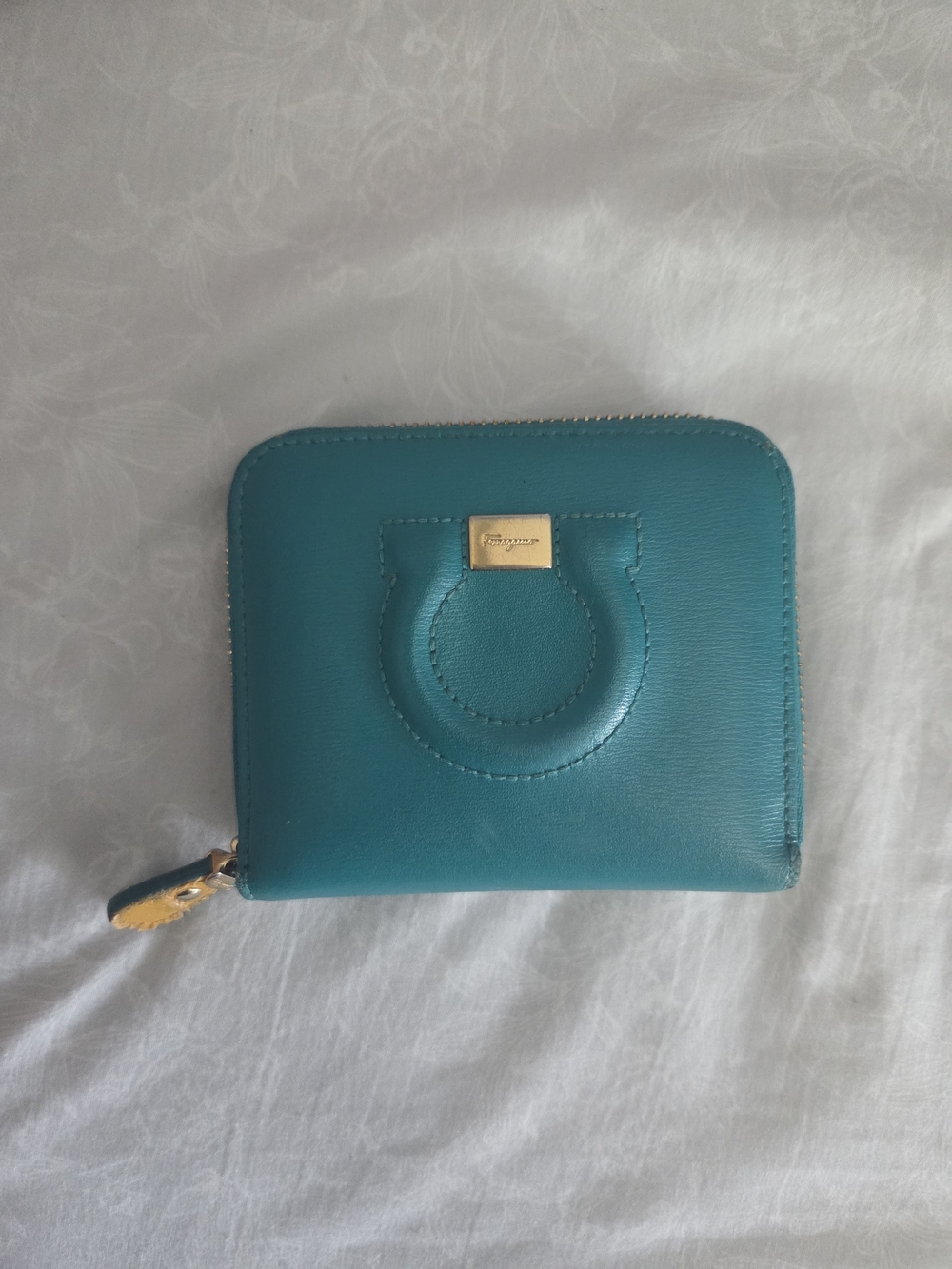 Salvatore Ferragamo Teal Leather Zip Wallet with Gold Hardware